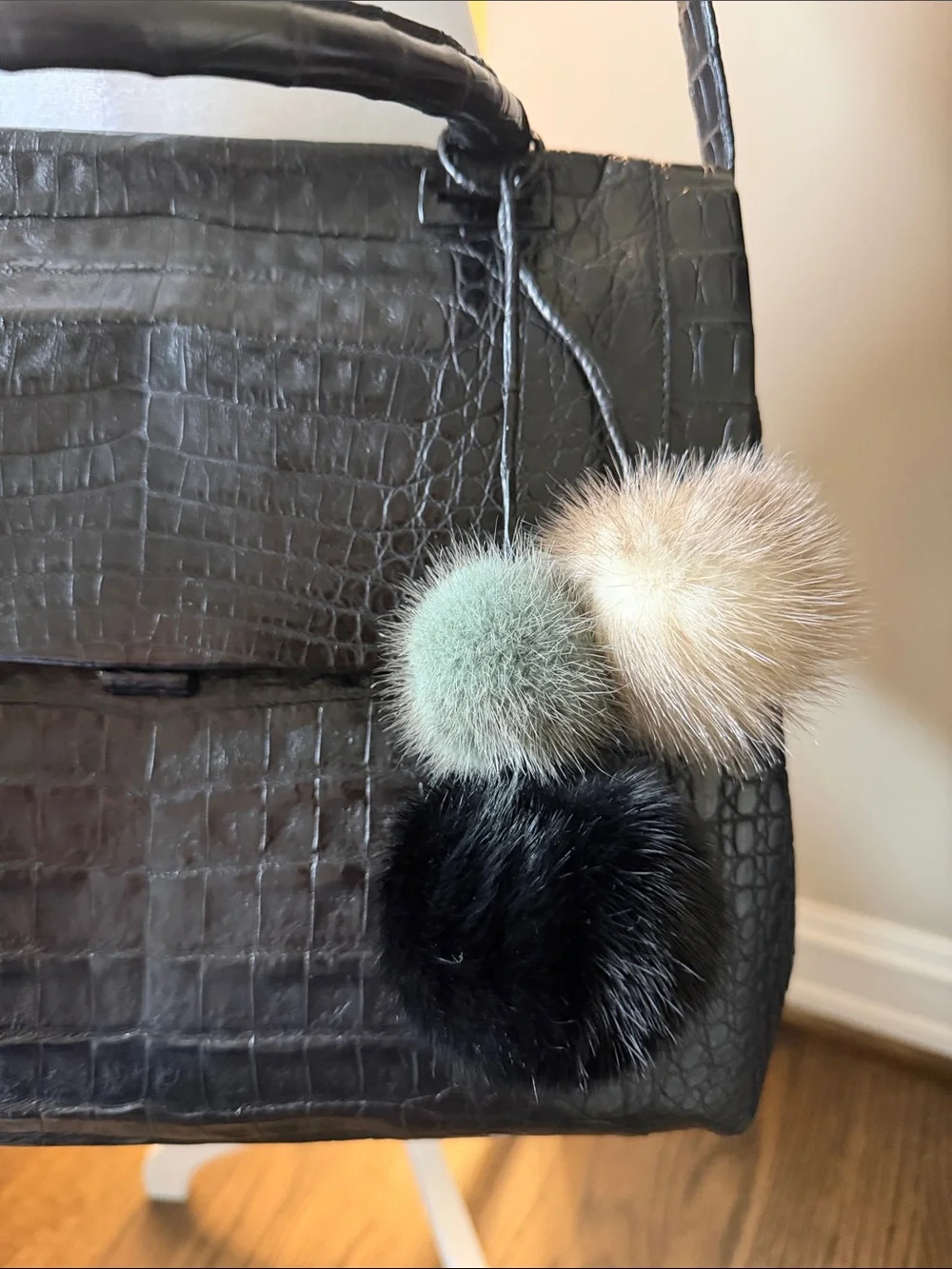 Nancy Gonzalez Black Croc-Embossed Satchel with Multicolor Mink Pom Pom Charms